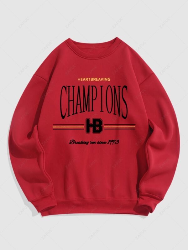 unique Men's Champions Heartbreaking Letter Number Graphic Printed Fuzzy Fleece-lined Crew Neck Pullover Sweatshirt - RED S