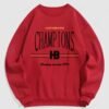 unique Men's Champions Heartbreaking Letter Number Graphic Printed Fuzzy Fleece-lined Crew Neck Pullover Sweatshirt - RED S