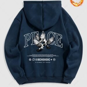 buy Men's Letter Peace Dove Graphic Pattern Fuzzy Fleece-lined Kangaroo Pocket Design Pullover Hoodie - DEEP BLUE S