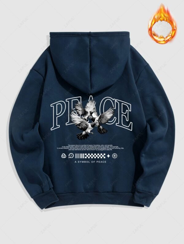 buy Men's Letter Peace Dove Graphic Pattern Fuzzy Fleece-lined Kangaroo Pocket Design Pullover Hoodie - DEEP BLUE S