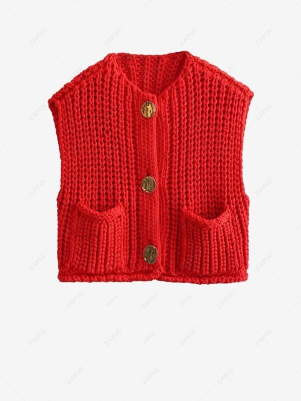 hot Women's Solid Color Pocket Design Sleeveless Knit Cardigan - RED L