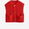 hot Women's Solid Color Pocket Design Sleeveless Knit Cardigan - RED L